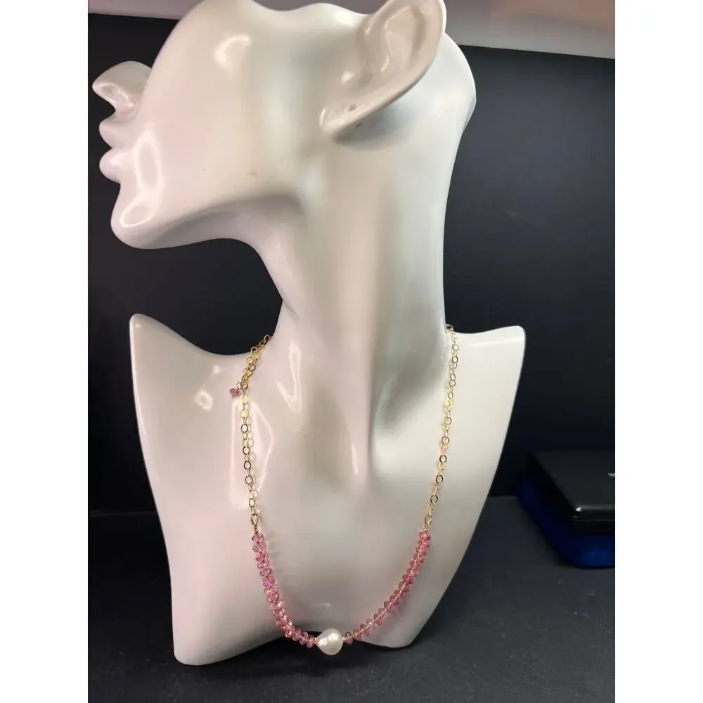Gold Filled Necklace with Baroque Pearl and Pink Faceted Gemstone Beads